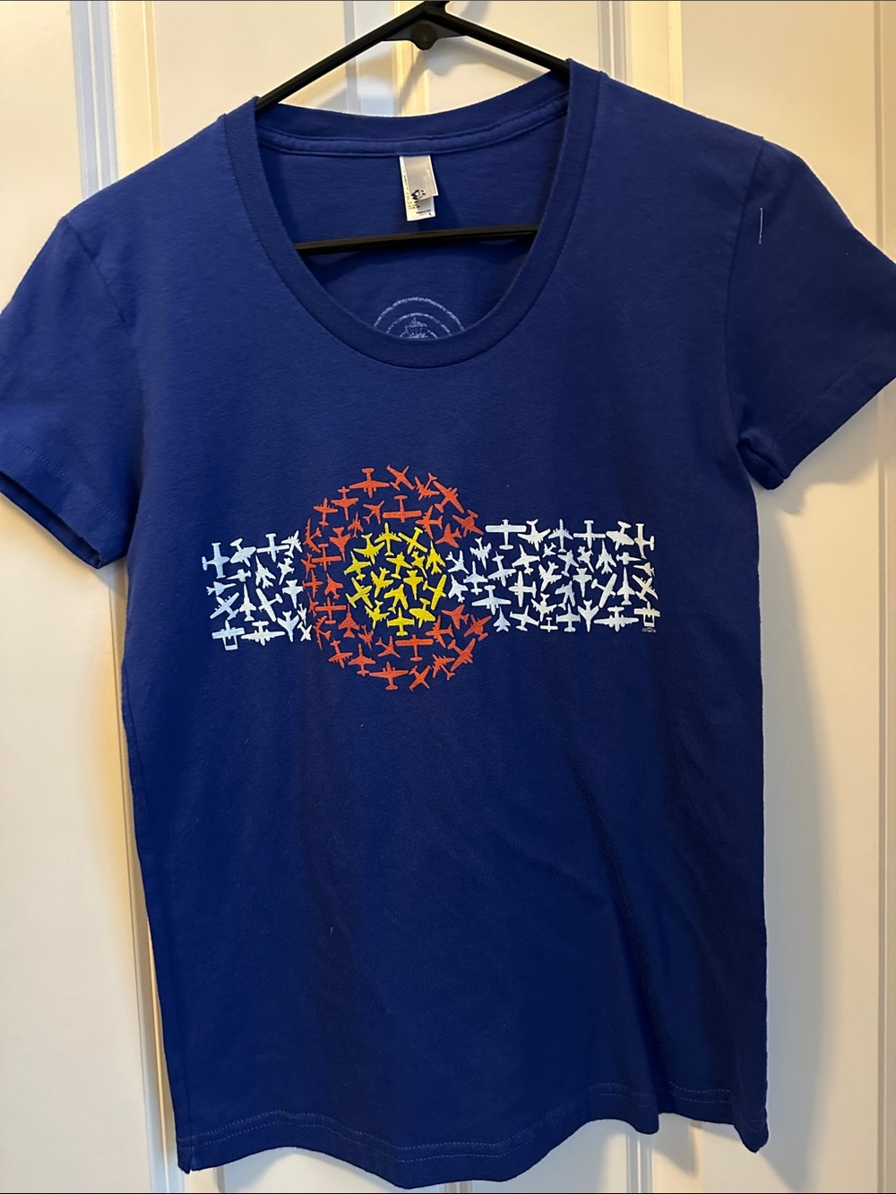 American Apparel Navy Short-Sleeve Tee with Multicolor Plane Graphic